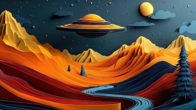 Fantastical paper cut landscape depicting an extraterrestrial spacecraft hovering above majestic layered mountains, a winding river, and a celestial night sky