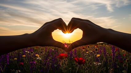 Heart Hands Sunset Flowers