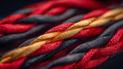 Detailed macro view of intertwined red, black, and gold silky threads creating a vibrant textured fabric pattern with rich color contrasts and soft lighting