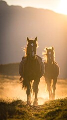 Two horses running at sunset