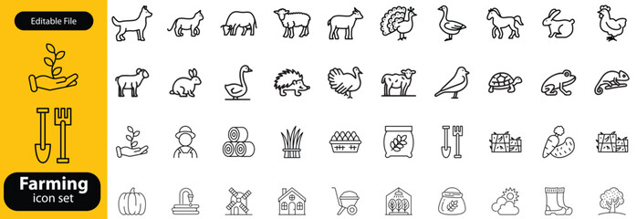 Farming line icon set. Vector pictograms of chicken, eggs incubator, henhouse, feeding equipment, free-range, rooster, agriculture, organic farm thin linear illustration © shuveccha