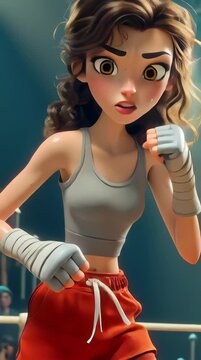 Una boxeadora con una mirada decidida se prepara para el combate en un estadio lleno de espectadores.