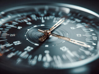 Macro photograph of a sophisticated luxury watch dial featuring intricate hands and detailed numerical markers with a sleek metallic finish and depth effect