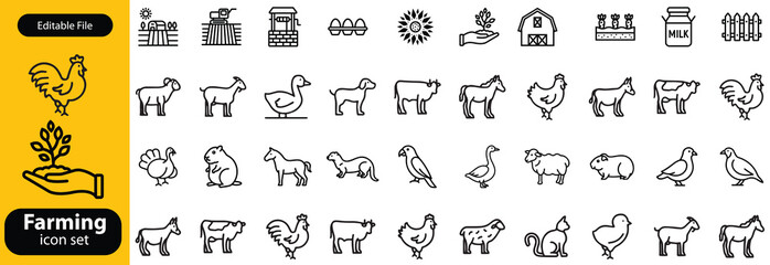Farming line icon set. Vector pictograms of chicken, eggs incubator, henhouse, feeding equipment, free-range, rooster, agriculture, organic farm thin linear illustration © shuveccha