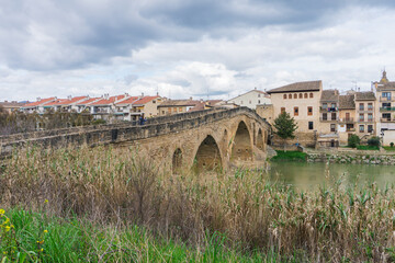 view of the medieval bridge in Puente de la Reina along the Camino de Santiago in Spain