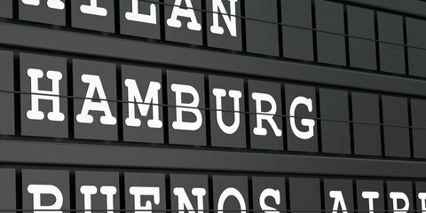 Hamburg, Germany, travel destination, airport departure board. Tourism, booking, vacation, travel, holiday, journey. 3D illustration
