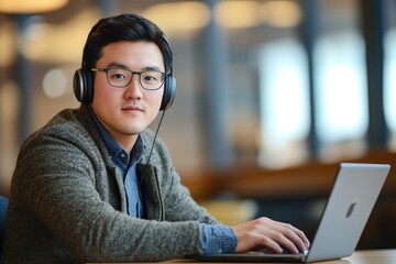 Young professional working on laptop with headphones in modern office setting