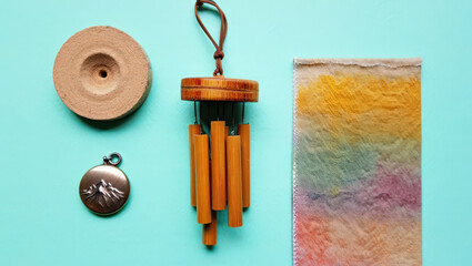 Artistic Still Life Composition Featuring a Wind Chime, Clay Pot, Pendant, and Dyed Fabric on a Turquoise Surface, Evoking a Sense of Craft and Serenity