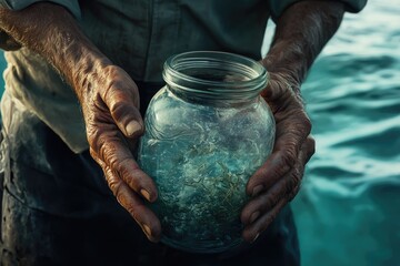 Man holding a jar of water with seaweed inside