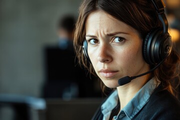 Frustrated woman wearing headset in office setting looking stressed