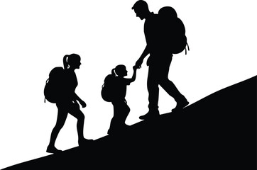 Silhouettes of a family hiking uphill. Father and daughter climbing with backpacks, holding hands. Outdoor adventure and parental support concept.