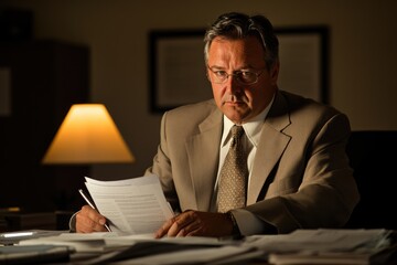 Businessman reviewing documents at office desk late at night