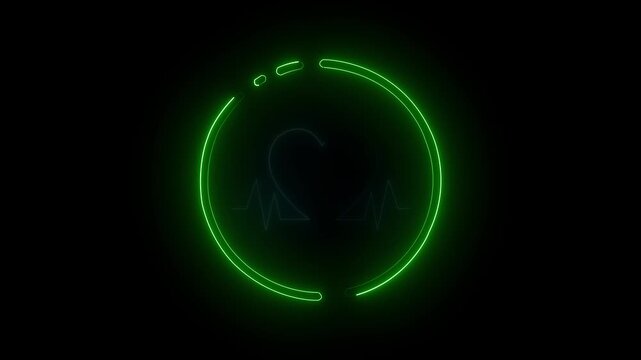 Digital neon heartbeat pulse inside circular frame medical icon animation