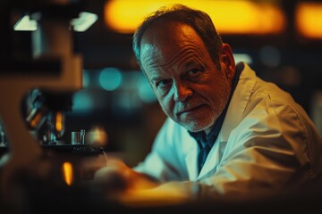 Mature scientist in lab coat focused on experiment in modern laboratory setting