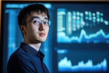 Young Asian businessman analyzing data on screen with graphs and charts in background