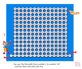 Can you find the path from number 1 to number 70? Connect them and draw the line. Educational page. Logic puzzle game. Brain teaser book. Kids activity sheet. Best labyrinths. Hand drawn vector.