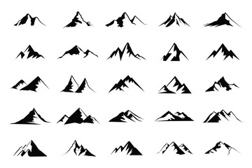 Fototapeta premium Set of diverse mountain peak icons and landscape silhouettes, Mountain Peak Silhouette Icon Set – Minimal Nature Landscape, Alpine Summit and Hiking Mountain Black Vector Collection .eps10