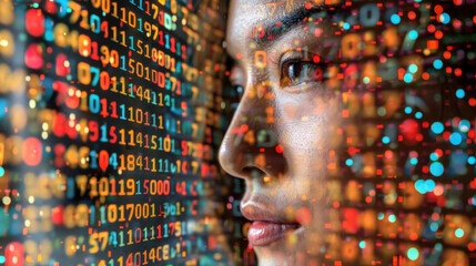 A woman's face merges with glowing binary code, visualizing the inescapable prominence of AI and its seamless integration into the very fabric of modern human society.