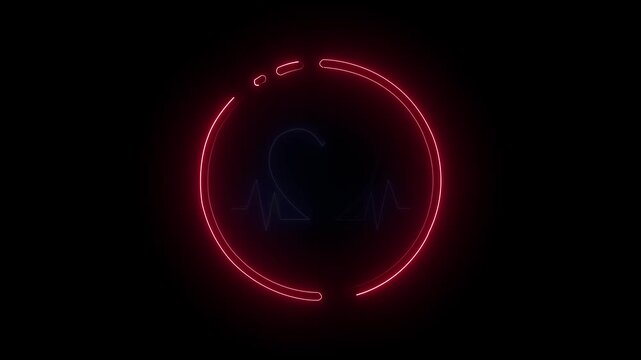 Digital neon heartbeat pulse inside circular frame medical icon animation