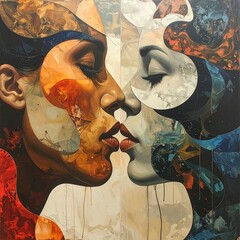 Two women's faces in a close, passionate kiss, with a vibrant, abstract style