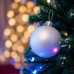 Fototapeta premium A close-up of a white Christmas ornament hanging on a green pine tree