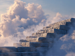 Stone staircase ascending through soft clouds into a serene sky symbolizing journey, hope, and elevation toward new horizons and aspirations