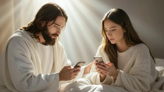 Jesus and a young woman sitting together using their smartphones. A modern interpretation of faith and religion in the digital age. Conceptual scene of spirituality and technology