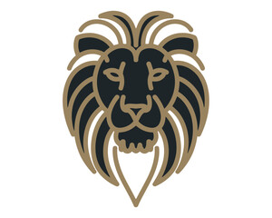 Stylized lion head emblem in dark gray and gold on white background symbol animal