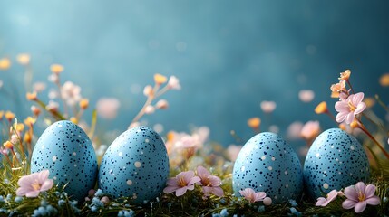 Easter eggs and flowers on a table with a blue background during spring season