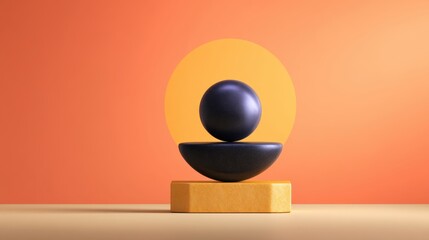 Modern geometric sculpture with a black sphere and bowl shape on a yellow base against a vibrant orange background, minimalist design aesthetic