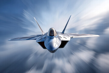 Modern sleek fighter jet soaring through dramatic cloudscape with dynamic motion blur capturing speed and advanced aerodynamic design in flight