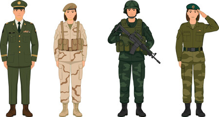 Military Soldiers Uniforms Collection Featuring Male and Female Army Personnel in Different Combat and Service Outfits, Flat Vector Illustration for Defense and Security Design
