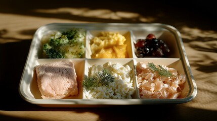 A hospital meal tray designed with color-coded sections for dietary needs, emphasizing patient-centered care and thoughtful healthcare service design. cinematic color correction, natural uneven
