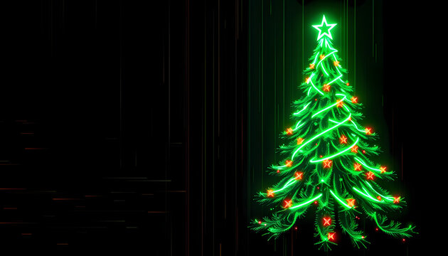 Neon christmas tree with digital glitch effect 3D rendering illustration, detailed. White tone