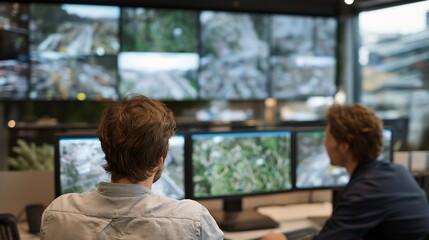 A smart-city control room displaying live feeds from traffic cameras, environmental sensors, and public transit routes as analysts optimize urban mobility flow. cinematic color correction, natural