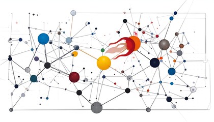 Abstract network illustration of connected nodes and a stylized fiery comet-like form
