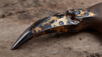 Close-up of scratched metal tool handle with patina and grime, symbolizing manual labor, craftsmanship, and repeated use. cinematic color correction, natural uneven lighting yet gentle backlight,