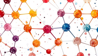 Colorful watercolor network of interconnected orbs and lines against a white background