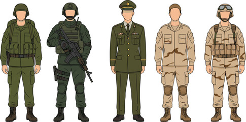 Military Soldier Uniforms Collection Showing Different Army Ranks and Combat Gear, Detailed Flat Vector Illustration for Defense, Security, and Education Design Projects © Sanjida