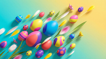 Colorful Easter eggs and flowers on gradient background  