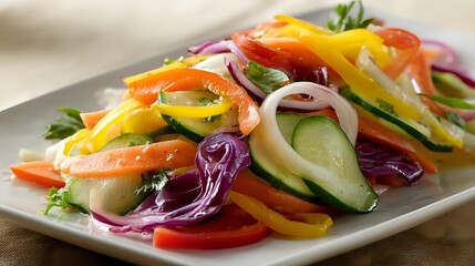 Fresh Vegetable Salad Cucumber Bell Peppers Red Onion White Plate Healthy Food Closeup Vegetarian Cuisine Clean Eating Nutrition Concept Organic Freshness Diet