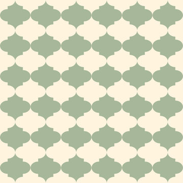 Seamless sage green and cream quatrefoil geometric pattern. Elegant ogee tile vector with minimalist moroccan motif and modern symmetry for luxury interior decor
