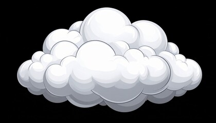 Puffy white cartoon cloud illustration isolated on a black background. Fluffy comic style weather symbol or smoke effect element. 2D graphic design asset for animation, games, or sky scenes.