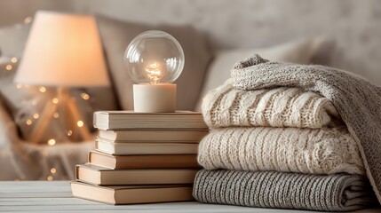 Cozy Knitted Sweaters Stacked Books Illuminated Light Bulb Cozy Living Room Interior Warm Home Decor Hygge Comfort Reading Relaxation Lifestyle Scene