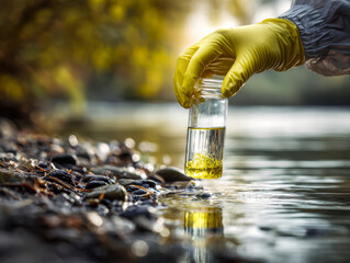 Environmental scientist collecting water samples from a river for pollution analysis while wearing protective gloves near a rocky shore during golden hour sunlight