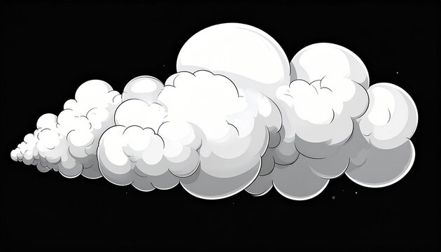 Stylized cartoon comic book style smoke puff or cloud trail illustration. Puffy white steam, dust, or vapor explosion element isolated on a black background for dynamic speed effect overlay.