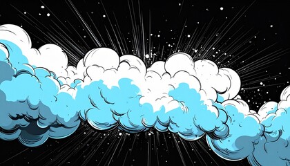 Dynamic comic book background with blue smoke clouds, action lines, and particles. Abstract pop art explosion or impact effect illustration for manga or anime. Isolated on a black background.