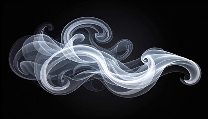 Elegant abstract white smoke swirls and curls flowing in a smooth motion. Ethereal vapor, mist, or fog trail with dynamic curves creating a beautiful design element isolated on a black background.