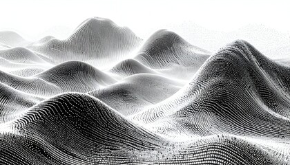 A grayscale, abstracted landscape of rolling hills rendered with a textured, pixelated effect