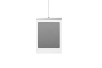 Hanging photo frame on transparent background mockup, white border blank display with string, empty poster holder for branding, menu or gallery presentation
